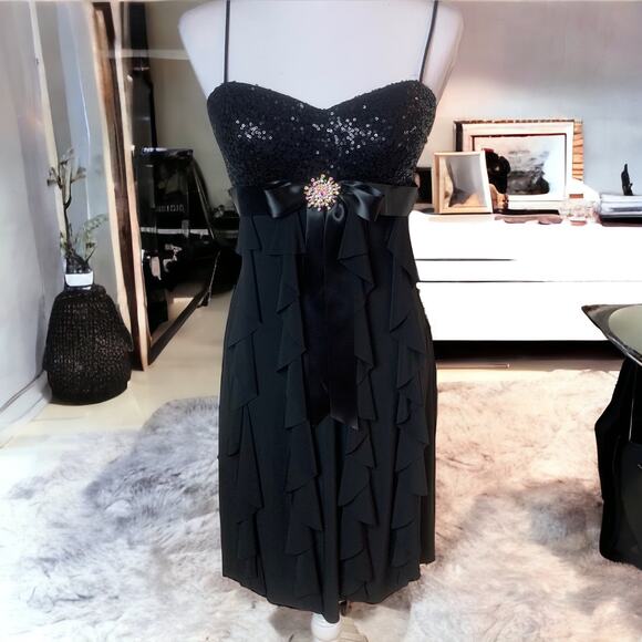 Vintage Cache Black Sequins Ruffled Spaghetti Straps Dress Size 6 Rhinestone - Picture 2 of 14